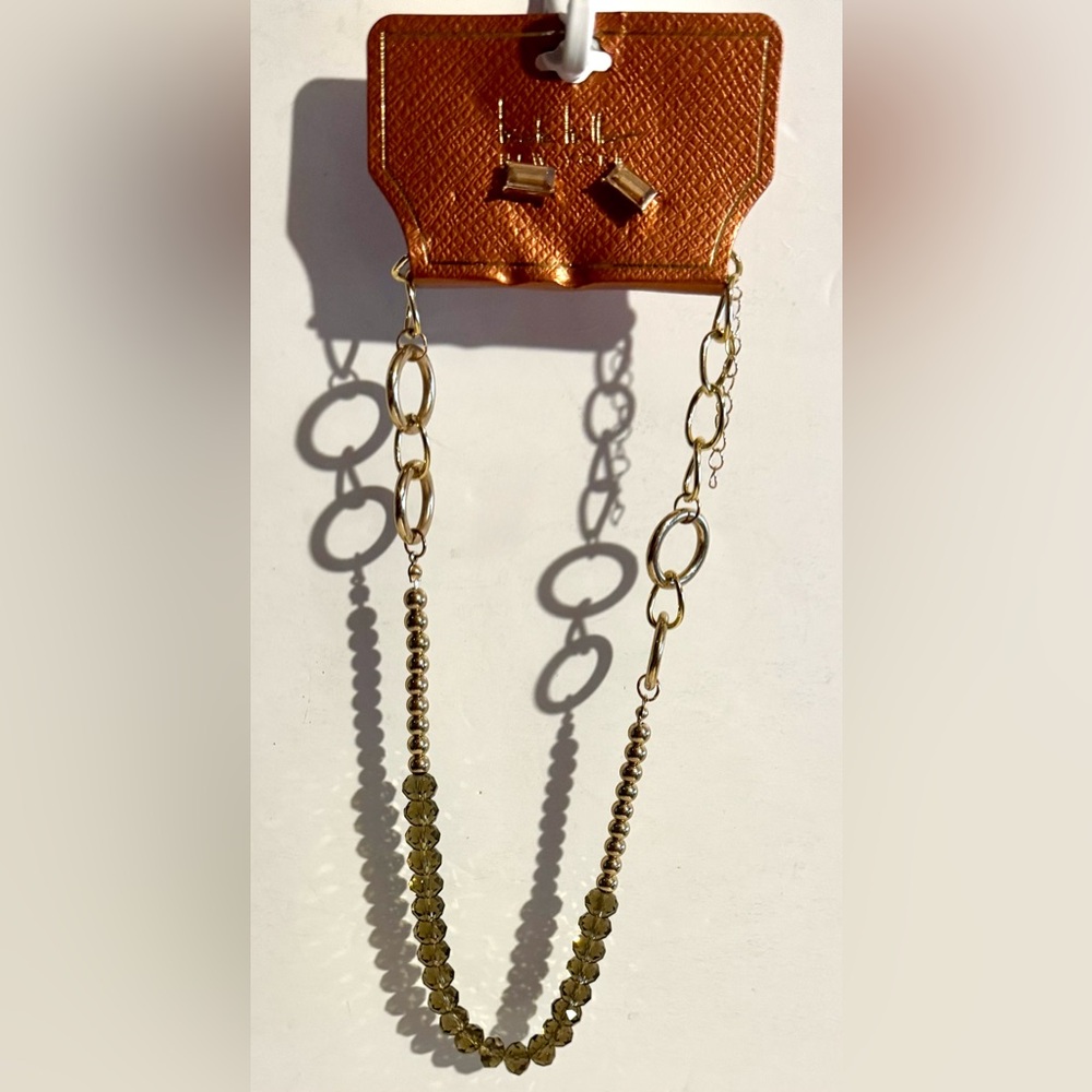 NicoleMiller Gold/Green Chain Beaded Accents Necklace w/Baguette Stud Earrings
